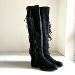 Sam Edelman Black  Tall Suede Slip On Boho Boots w Fringe 5
